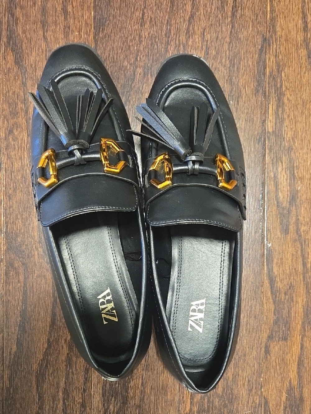 Zara Women Black Leather Tassel Loafers with Gold Accents Size 40 OR US 9